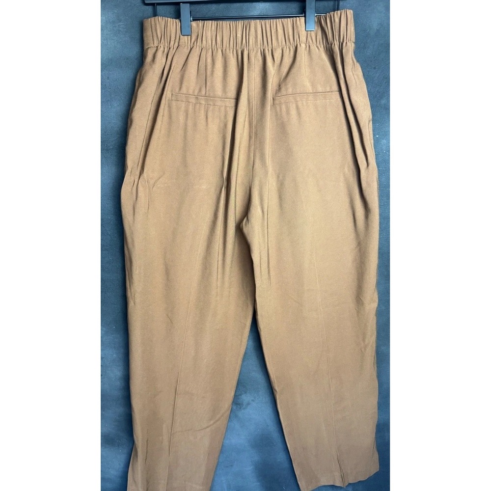 Vince Pleated Tapered Trousers M Brown Tan High Rise Elastic Waist Slit Ankle - Picture 5 of 6